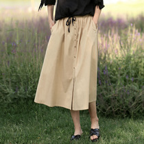 Khaki skirt front-breasted mid-length summer umbrella skirt high waist casual tincel cotton a-shaped skirt