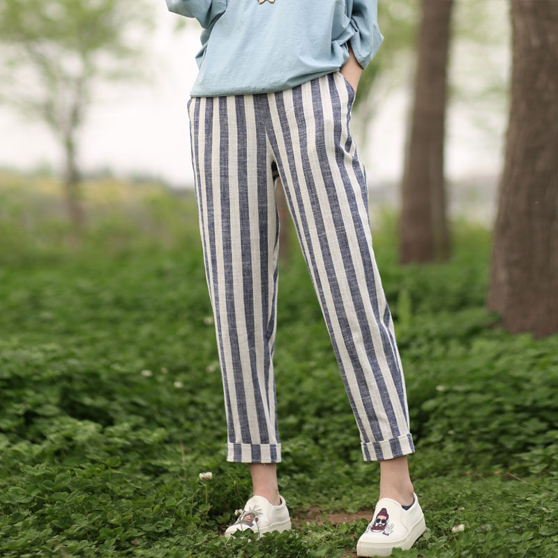 Striped Harynn Pants Women Summer Linen Pants Children Loose Roperin Pants Women 90% Pants Korean Version Expatty Slim High Waist Smoke Pipe Pants