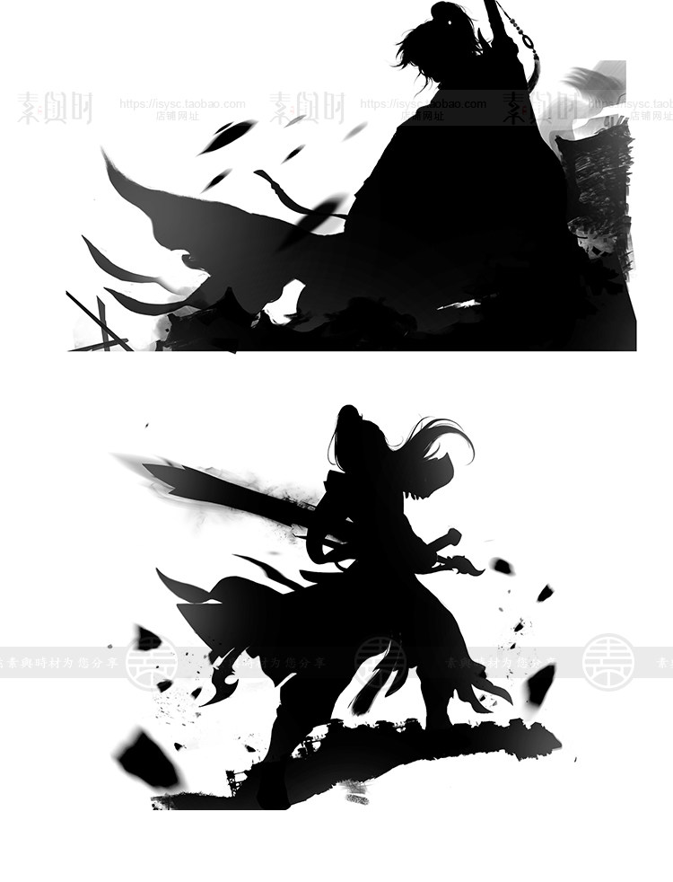 水墨侠剑客人物插画黑白国风剪影武侠背景png免抠PSD设计素材