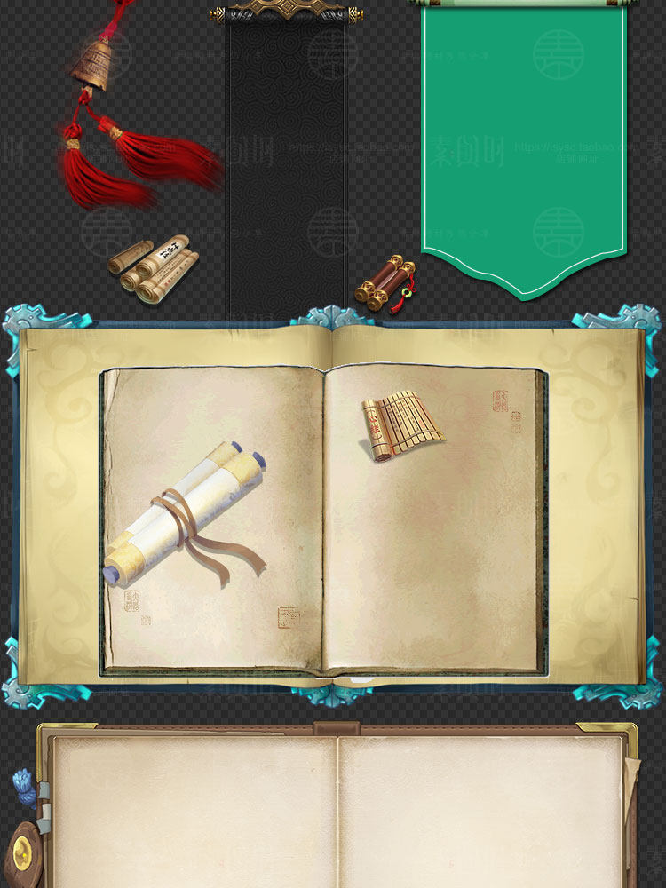 复古卷轴旗帜美术卡牌UI边框宣纸展开书本bg免扣游戏美术设计素材