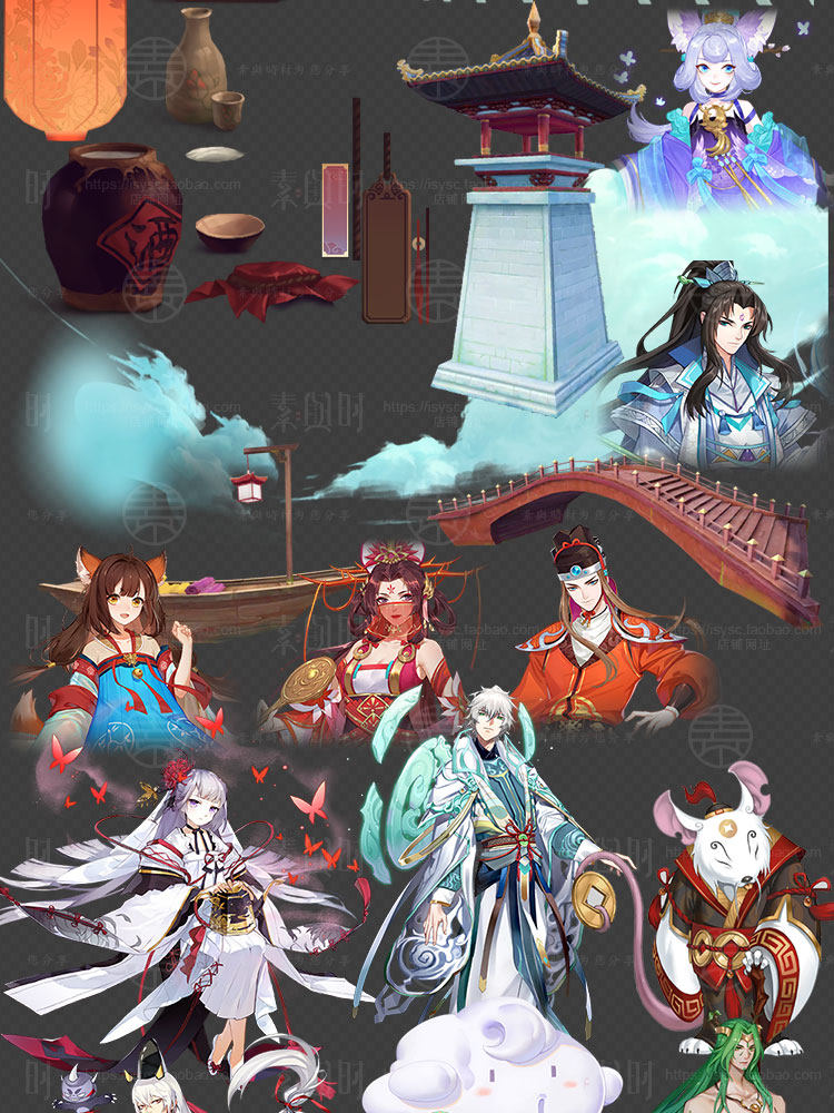 中国风卡通和风美术设计参考素材/UI界面图标技能模型立绘音效