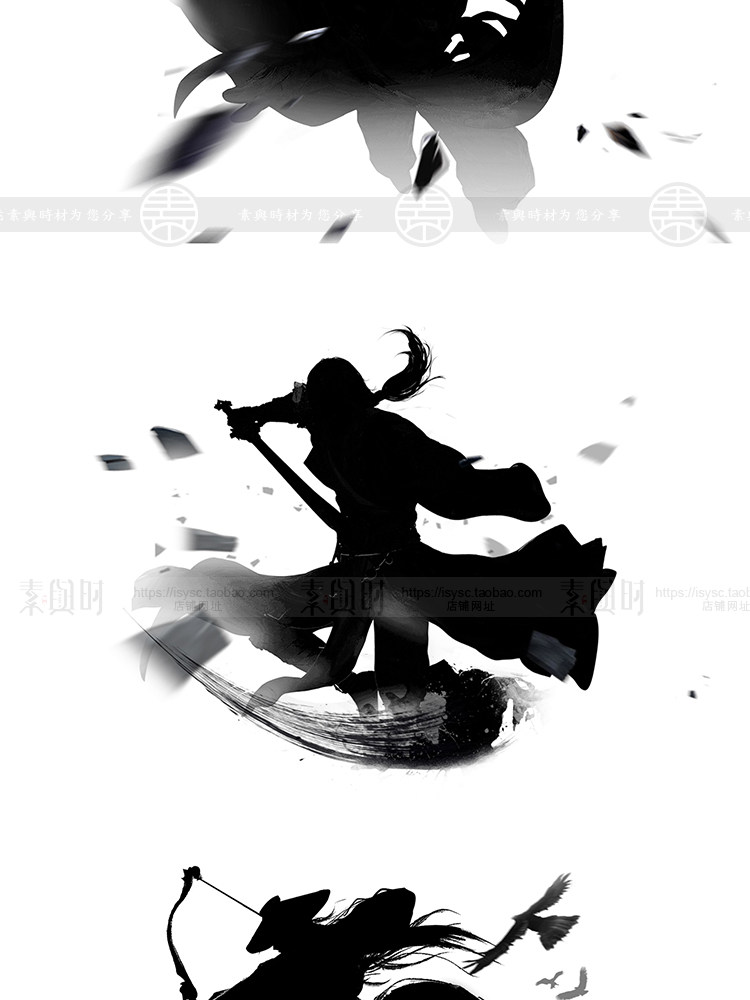 水墨侠剑客人物插画黑白国风剪影武侠背景png免抠PSD设计素材