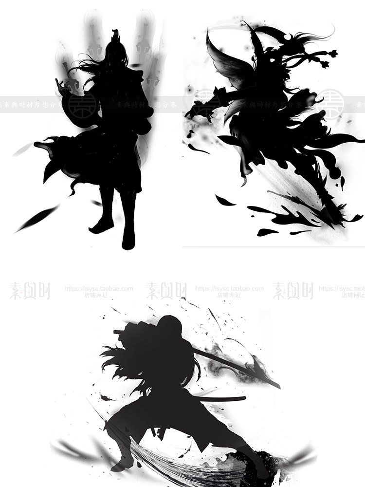 水墨侠剑客人物插画黑白国风剪影武侠背景png免抠PSD设计素材