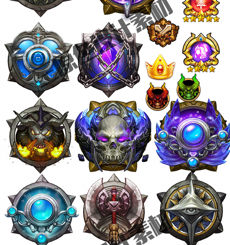 手游游戏UI设计常用素材 徽章 皇冠 等级 图腾 勋章 图标 素材