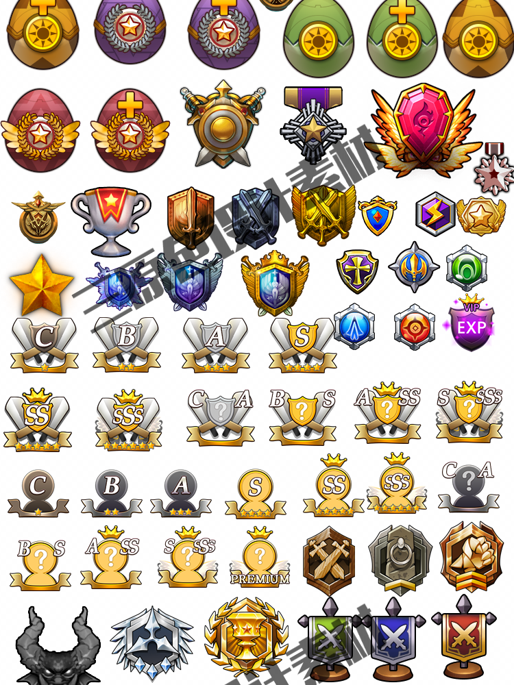 手游游戏UI设计常用素材 徽章 皇冠 等级 图腾 勋章 图标 素材