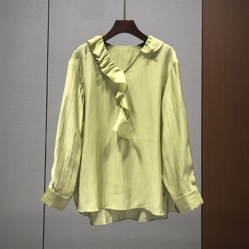Order Nanyou! Tencel V-Neck Ruffled Blouse for Women, European Style, New Spring/Summer Collection, Asymmetrical Slit Top 82J10
