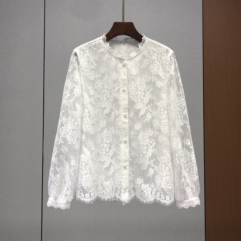 Shenzhen Nanyou # Hollow Lace White Shirt for Women, Spring European Style New Elegant Lace Versatile Top 82I15