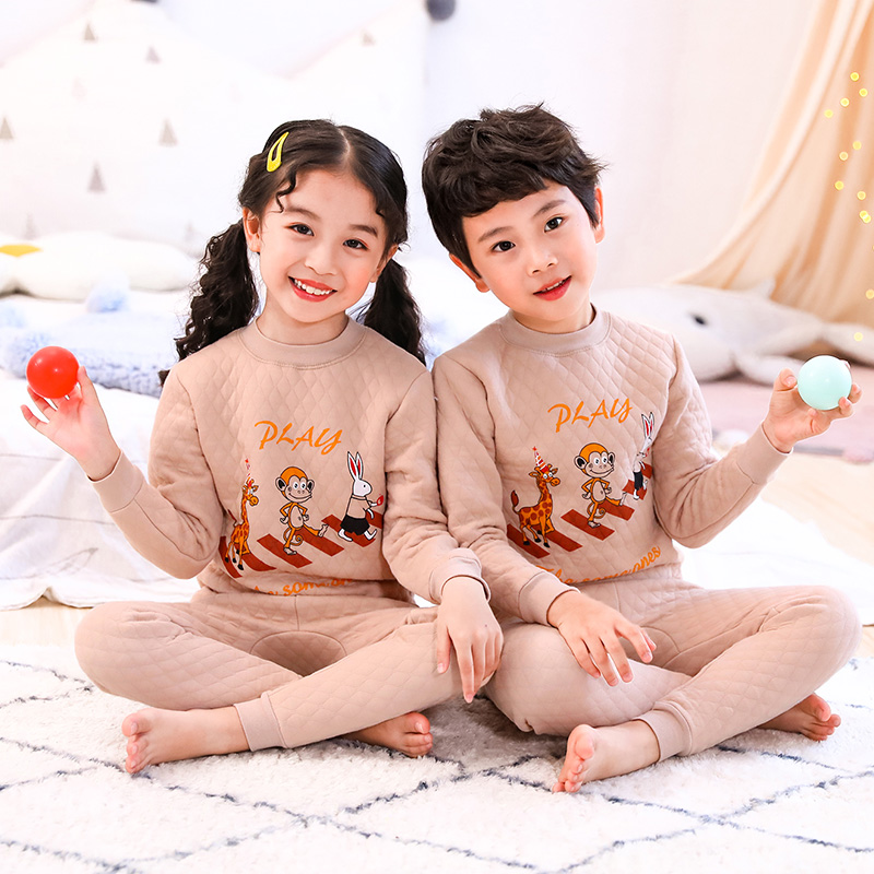 Childrens bộ đồ lót nhiệt ba lớp nam cotton dày và trẻ em gái quần áo mùa thu mùa thu quần kẹp bông mùa đông 3-5-7-9 tuổi.