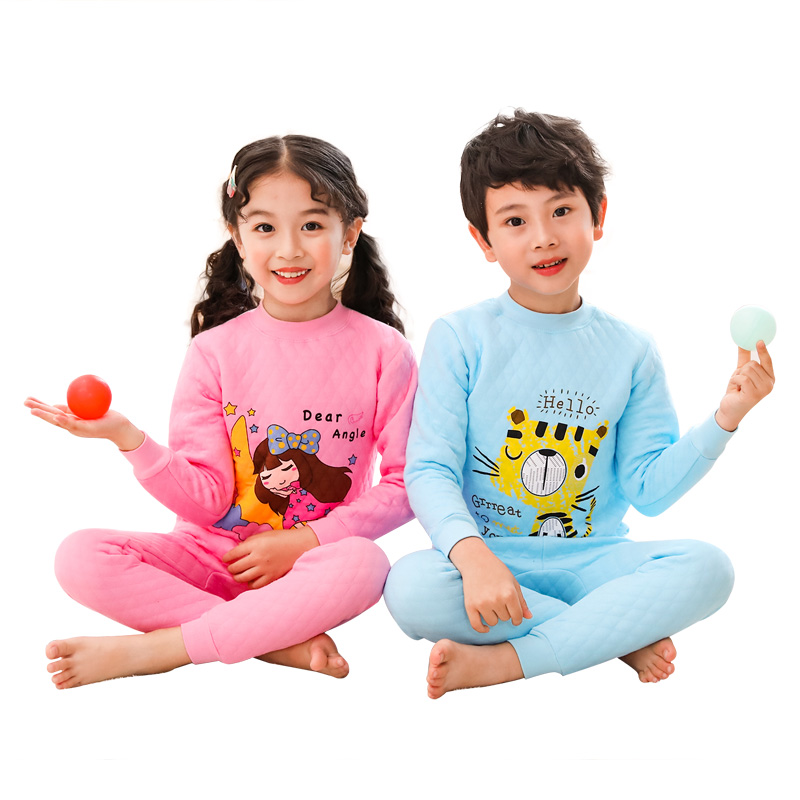 Childrens bộ đồ lót nhiệt ba lớp nam cotton dày và trẻ em gái quần áo mùa thu mùa thu quần kẹp bông mùa đông 3-5-7-9 tuổi.