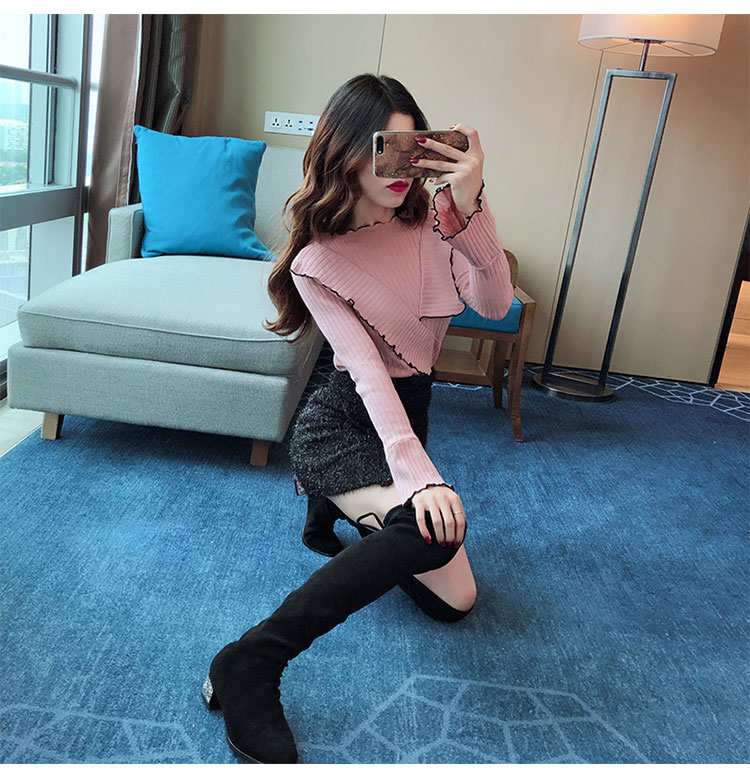 Xù lông bất thường bó sát tay áo ngọn áo len của phụ nữ trang trí mùa thu và mùa đông cơ thể hoang dã áo len dài tay đáy áo len cardigan
