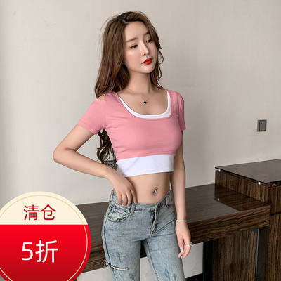 Two faux crop short tops, women's short-sleeved summer wear, little tricks, off-the-shoulder slimming, high-waisted, sexy U-neck T-shirt
