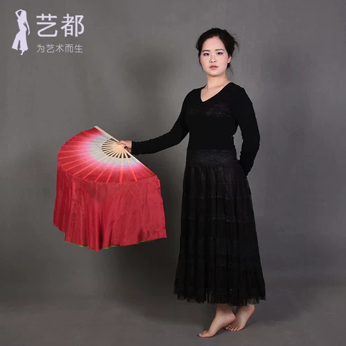 Аутентичный шелковый двусторонний двухцветный реквизит для сцены с одной стороной ярко-красный и с одной стороны зеленый градиентный танцевальный веер