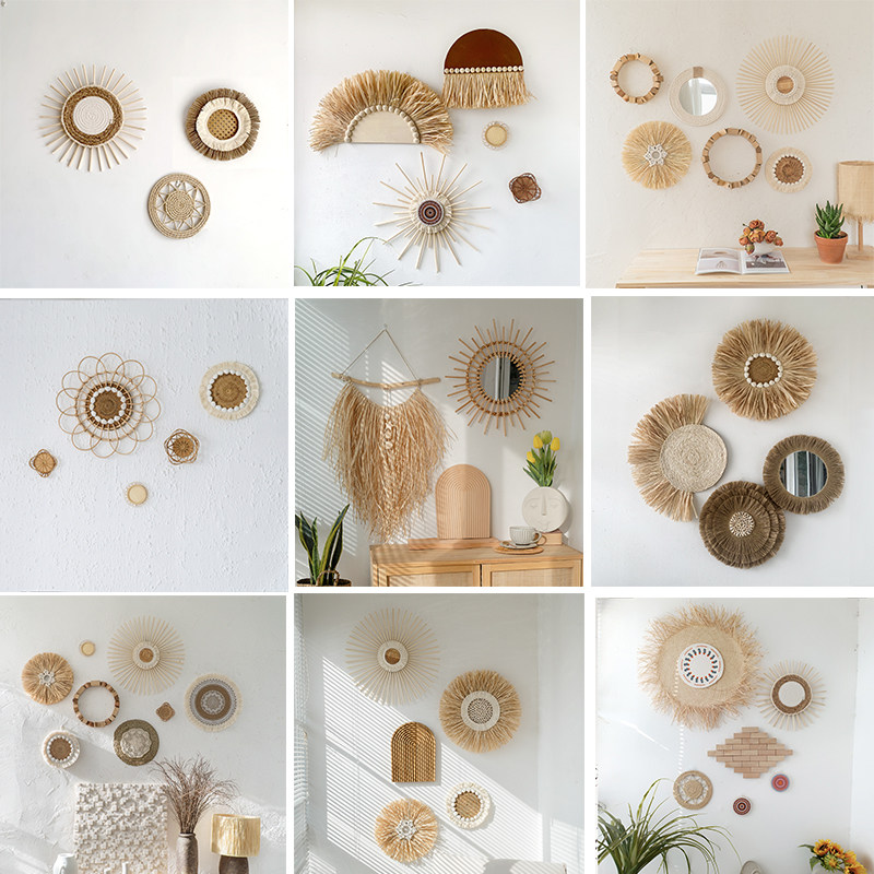 Wall decoration set collection round log straw rattan hemp rope bohemian living room background wall hanging accessories