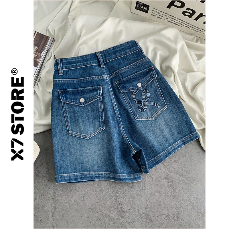 Glutinous Rice Four-Way Stretch Denim Shorts for Women, Summer A-Line High-Waisted Straight Loose Fit, Slimming, Hip-Lifting, Wide-Leg Quarter Pants, Blue Glutinous Rice Four-Way Stretch Denim Shorts for Women, Summer A-Line High-Waisted Straight Loose Fit, Slimming, Hip-Lifting, Wide-Leg Quarter Pants, Blue