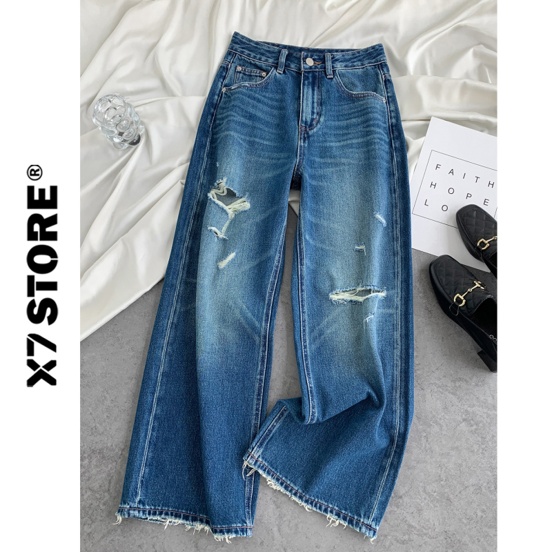 Must Buy! Straight-Leg Jeans for Women, 2026 Spring New Style, Dark Blue, Ripped, High-Waisted, Non-Stretch, Very Wide-Leg Pants