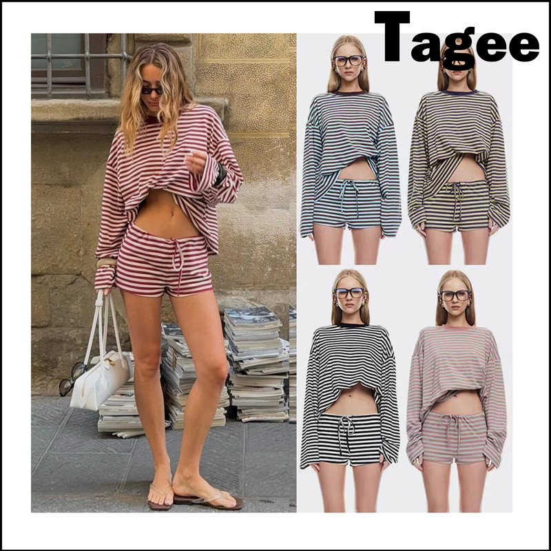 Buyer's Store Genuine Lioness New Casual Versatile Round Neck Striped Loose Long-Sleeve T-Shirt and Tie-Up Shorts Set