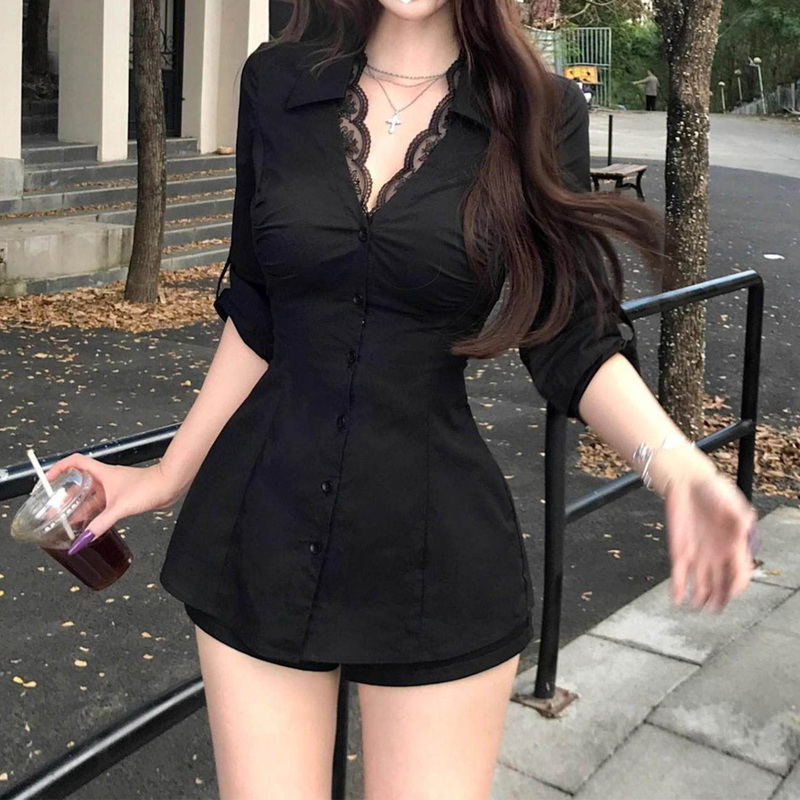 Pure Desire Style Hot Girl Slim Fit Lace Trim Patchwork Shirt Women's Summer New Elegant High-End Fashion Top