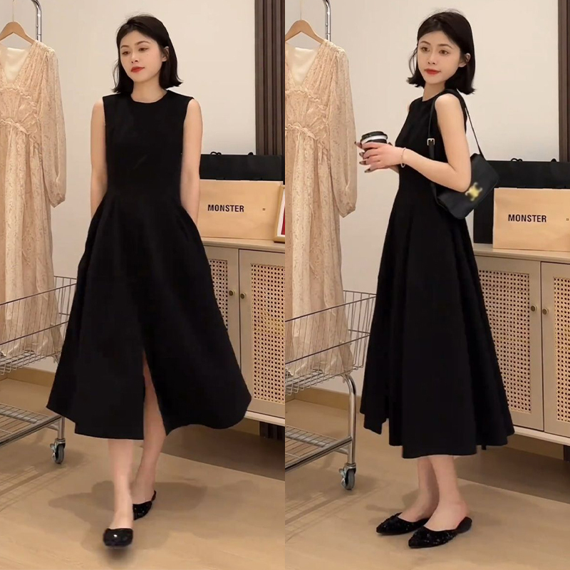 Black High-End French Hepburn Style Sleeveless Vest Dress for Women, New Summer Mid-Length Slit Long Skirt