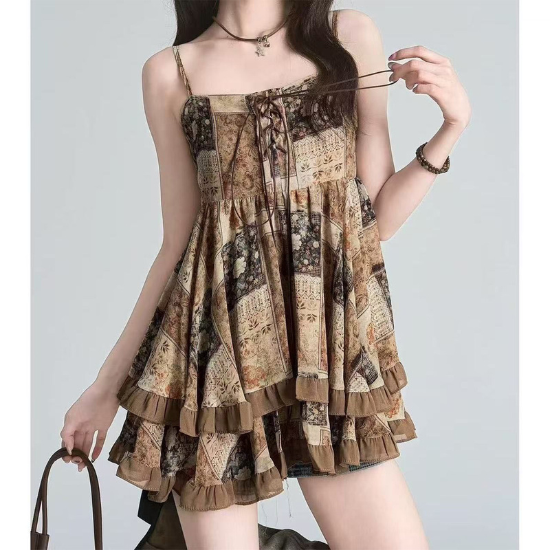 Retro Lace-Up Ruffled Vest Suspender Dress for Women, New Summer Design, Sweet Short Skirt for Small People