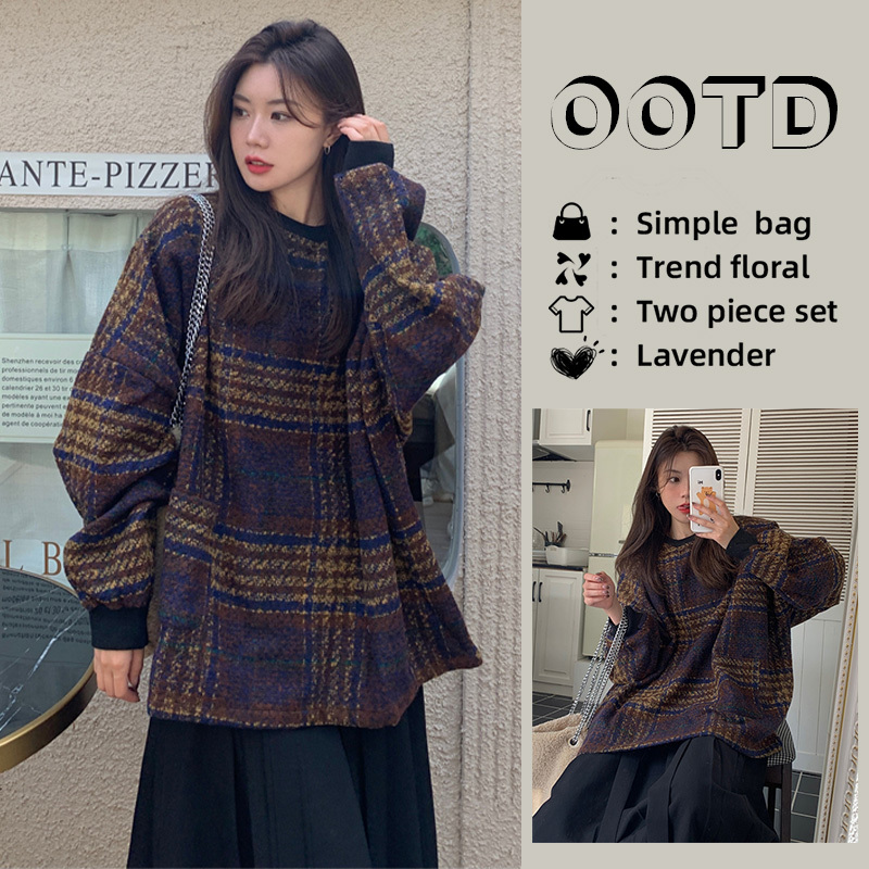 Autumn and Winter Retro Thickened Woolen Sweatshirt Jacket for Women, Color-Blocked Plaid Long-Sleeve Loose Versatile Round-Neck Pullover Top