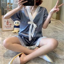 Pajamas female summer ice silk thin fog blue short sleeve 2021 New Net Red Spring Autumn Silk Home suit suit