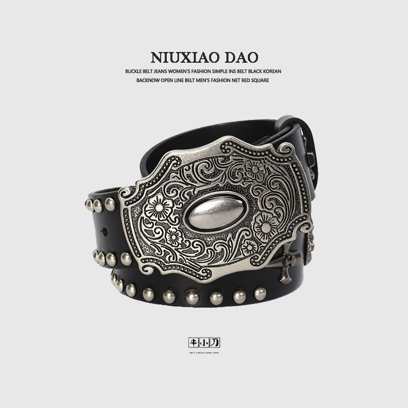 Personalized Punk Belt, First-Layer Cowhide Leather Belt for Men and Women, Unisex Hip-Hop Biker Rock Belt, Decorative Fashion