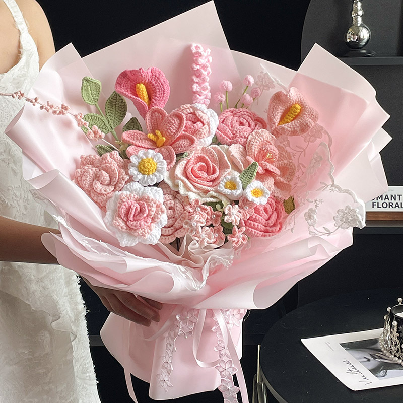 Creative Hand-Knitted Yarn Bouquet, Hand-Held Flowers, Birthday Gift for Girlfriend or Best Friend, Chinese Valentine's Day