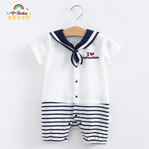 Japan INS navy collar climbing suit Summer baby sailor suit romper mens and womens baby one-piece full moon outerwear