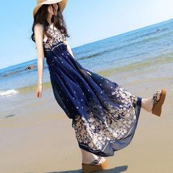 dress chiffon sleeveless ສໍາລັບແມ່ຍິງ 2024 summer ສູງແອວ slim ພິມ skirt bohemian ພັກຫາດຊາຍຍາວ skirt