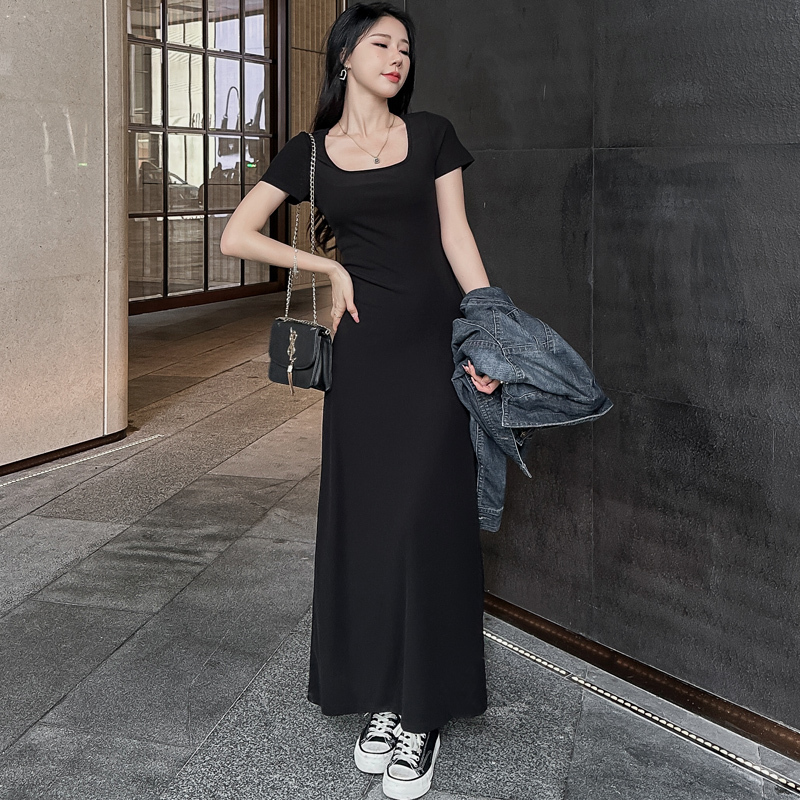 Modal Maxi Dress for Tall People, Square Neck Long Dress, 2026 Summer New Style, Drapey A-Line Dress, Black Dress