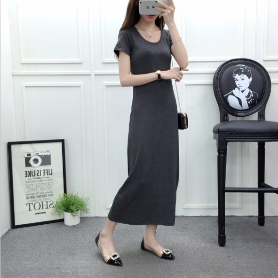 Váy cổ tròn tay ngắn 2018 hè mới dành cho nữ dài Phần váy chữ suông giản dị mẫu váy chữ a