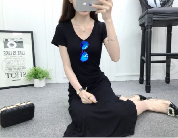 Váy cổ tròn tay ngắn 2018 hè mới dành cho nữ dài Phần váy chữ suông giản dị mẫu váy chữ a