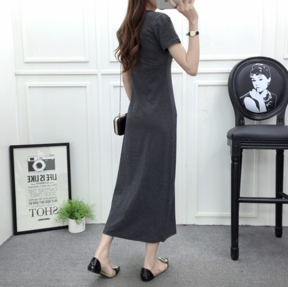 Váy cổ tròn tay ngắn 2018 hè mới dành cho nữ dài Phần váy chữ suông giản dị mẫu váy chữ a