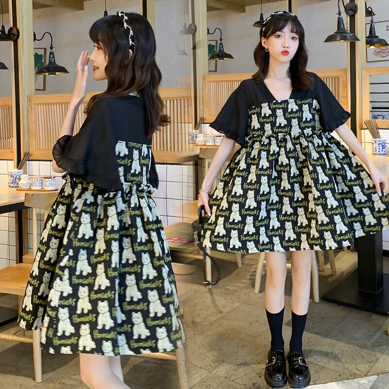 Pregnant women summer dress fashionably wear loose belly aerobic high-feeling fashionable cartoon pickup pregnant woman dress is thin