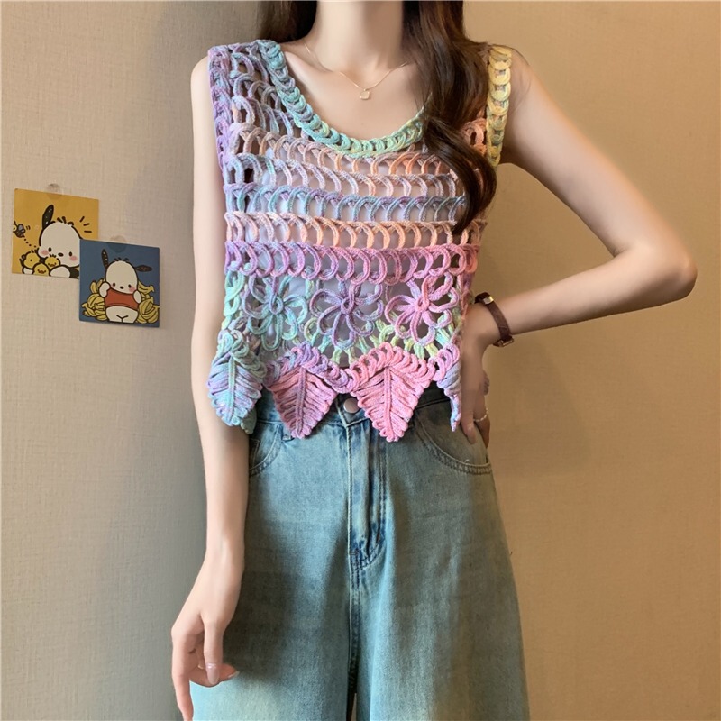 Dopamine Hollow-Out Camisole for Women, Suitable for Outerwear in Summer, Plus Size, High-End Feel, Inner Wear, Tummy-Covering, Sleeveless Vest Top