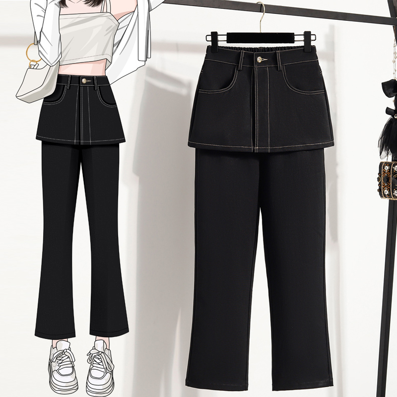 Black Faux Two-Piece Pants with a Skirt Overlay, Straight-Leg Pants for Women, 2026 New Spring Style, Plus Size, Slimming Pants Skirt, Cropped Pants