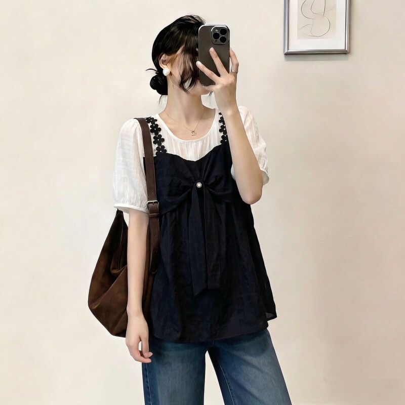 Black Fake Two-Piece Short-Sleeved Shirt for Women 2026 New Summer Plus Size Slimming High-End Doll Shirt Top Black Fake Two-Piece Short-Sleeved Shirt for Women 2026 New Summer Plus Size Slimming High-End Doll Shirt Top