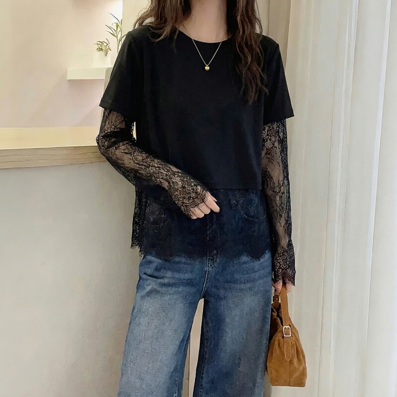 Black Faux Two-Piece Lace Thin Long-Sleeve T-Shirt for Women 2026 New Spring/Summer Plus Size Unique and Beautiful Top