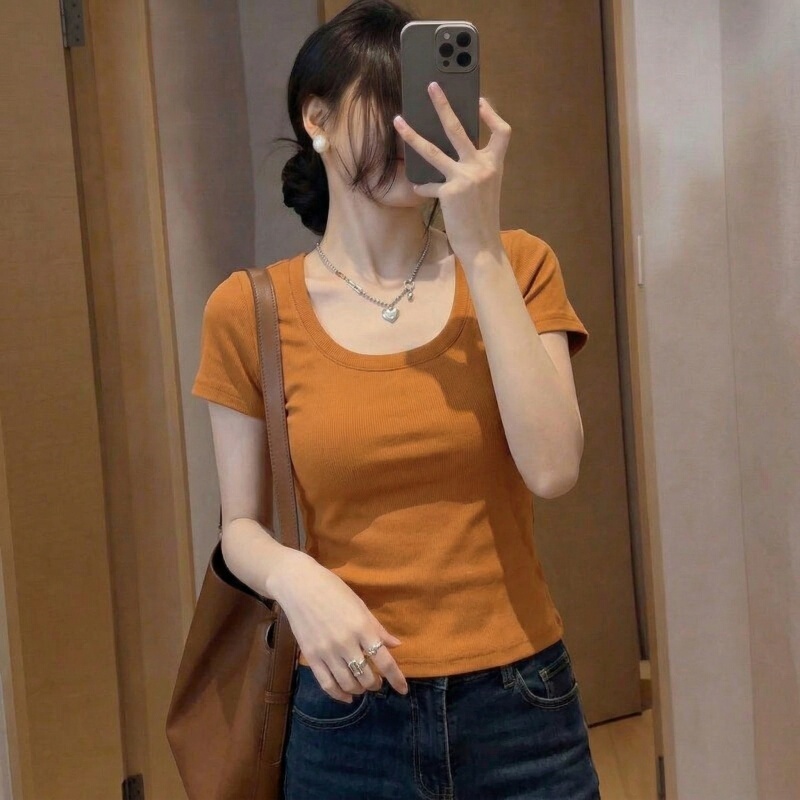 Pumpkin Orange Short-Sleeved T-Shirt for Women 2026 New Summer Style Plus Size Slimming and Very Attractive Regular Shoulder Short Top