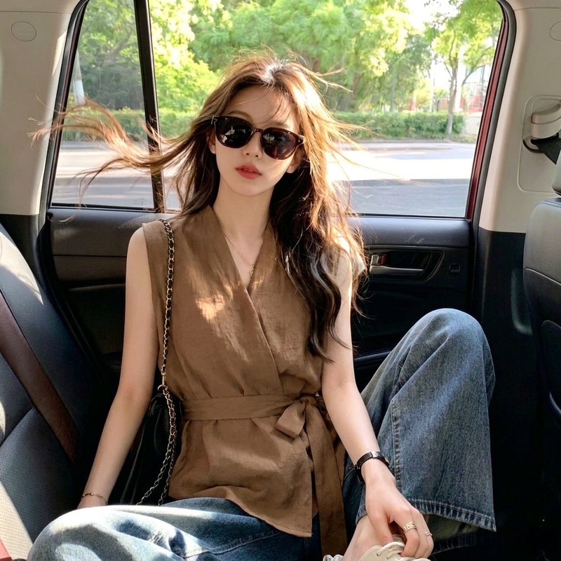 Melard Coffee-Colored Sleeveless Vest Shirt for Women 2026 New Summer Plus-Size Slimming Waist-Cinching Commuter Top