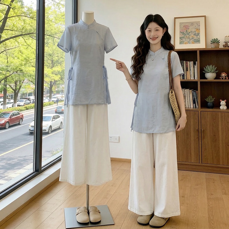 Plus-Size Slimming New Chinese-Style Light National Style Suit Pants 2026 Super Popular Summer Outfit Complete Set Two-Piece Set Plus-Size Slimming New Chinese-Style Light National Style Suit Pants 2026 Super Popular Summer Outfit Complete Set Two-Piece Set
