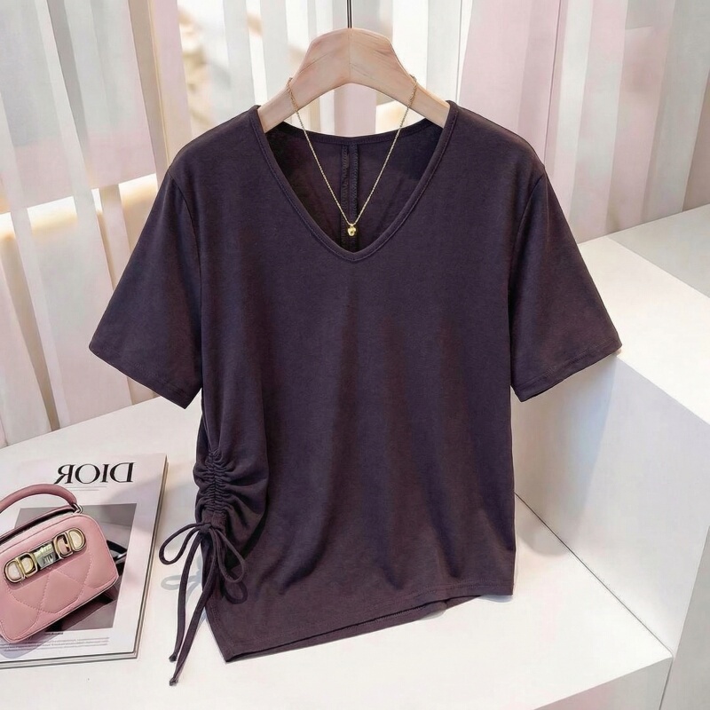Purple V-Neck Short-Sleeve T-Shirt for Women, 2026 New Summer Style, Plus-Size, High-End Irregular Drawstring Top