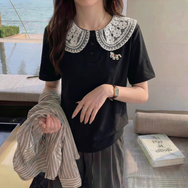 Black Lace Doll Collar Short-Sleeve T-Shirt for Women 2026 New Summer Plus Size Slimming Regular Shoulder Top
