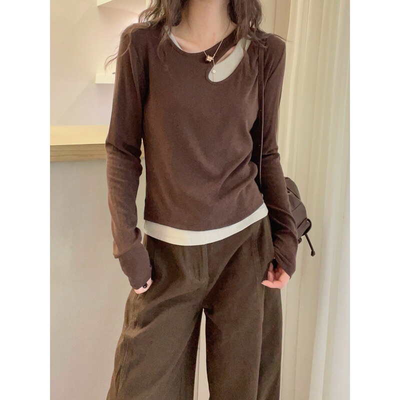 Melard Coffee-Colored Two-Piece Long-Sleeve T-Shirt for Women, 2026 New Early Autumn Plus-Size Fashionable Top for Chubby Girls Melard Coffee-Colored Two-Piece Long-Sleeve T-Shirt for Women, 2026 New Early Autumn Plus-Size Fashionable Top for Chubby Girls