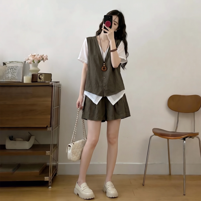 Plus-Size 2026 Super Trendy Summer Outfit Set, Makes You Look Slimmer, Suitable for Commuting, Fake Two-Piece Short-Sleeve and Shorts Two-Piece Set Plus-Size 2026 Super Trendy Summer Outfit Set, Makes You Look Slimmer, Suitable for Commuting, Fake Two-Piece Short-Sleeve and Shorts Two-Piece Set