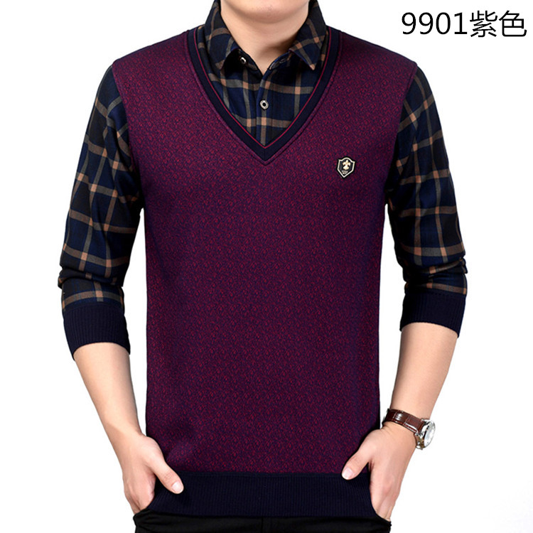 Cộng với nhung dày mới áo len nam trung niên giả hai áo sơ mi nam trung niên cổ áo bố mặc áo len nam quần áo nam
