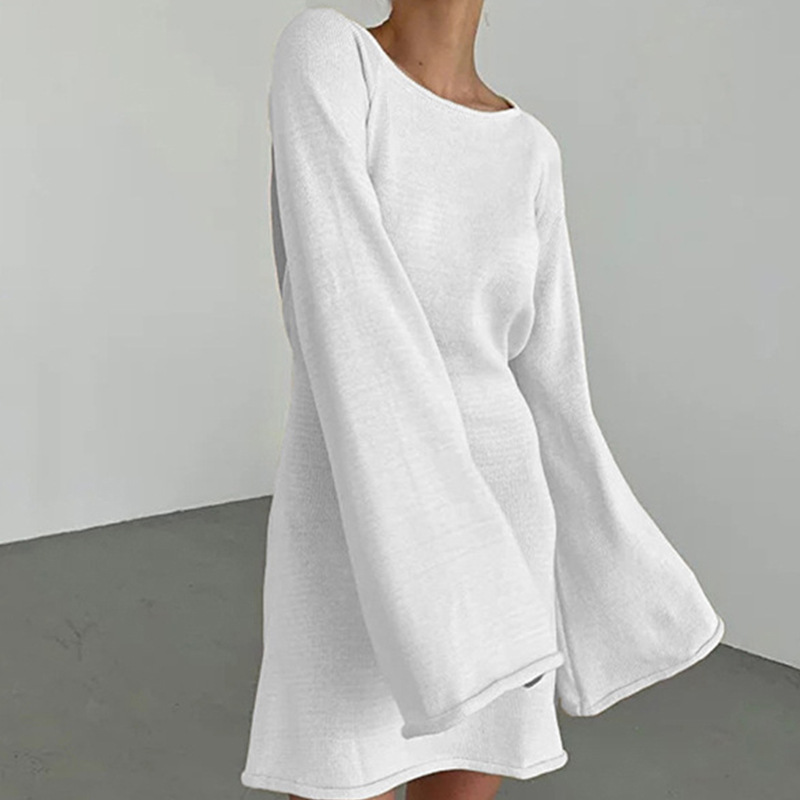 Cross-Border European and American New Style Sexy Backless Round Neck Flared Sleeve Solid Color Knitted Long-Sleeve Dress Beach Cover-Up