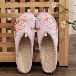 Zhuji 2023 ຮູບແບບລະດູຮ້ອນໃໝ່ mercerized fabric retro round-toe slippers, flat embroidered shoes, slip-on cheongsam shoes