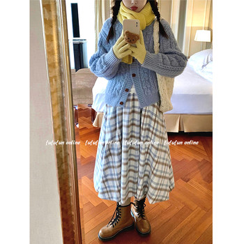 Fufufun icelandic love song original japanese style fresh blue and white plaid bud skirt skirt