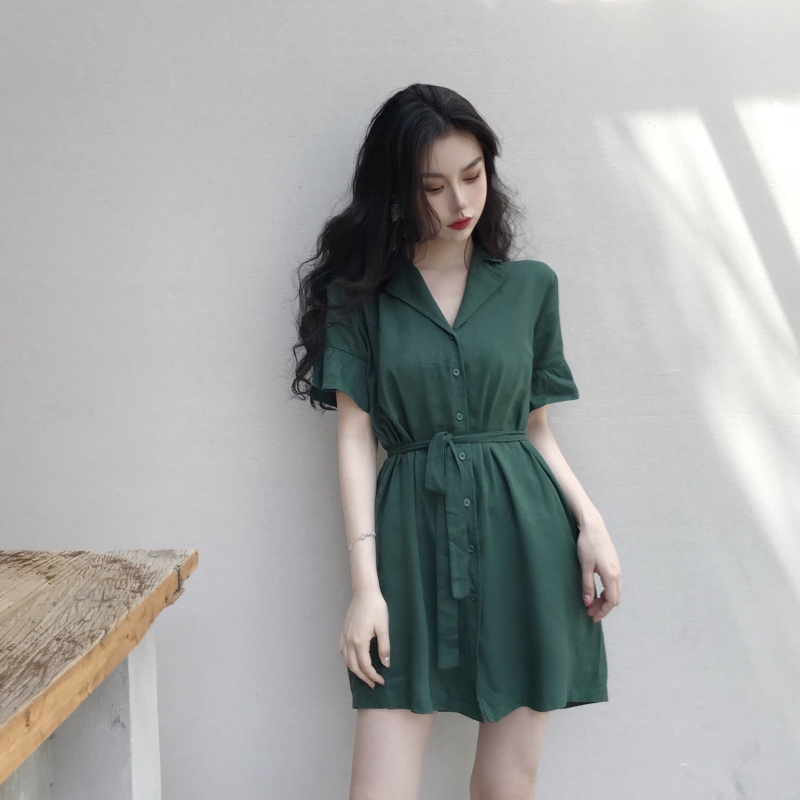 VK旗艦店 韓國風復古花邊袖西裝領短袖洋裝